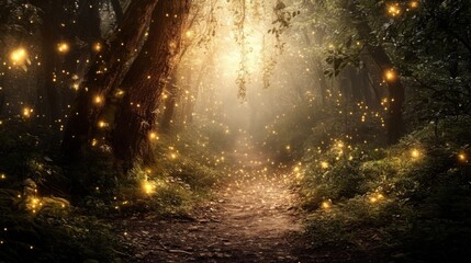 An enchanted forest with tall, ancient trees, soft glowing lights, and misty pathways.