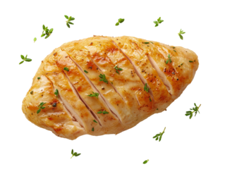 Juicy grilled chicken breast with herbs, sliced and served on a clean white background for a healthy meal concept.