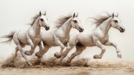 Three white horses are galloping together at full speed on a dusty terrain, with their manes flowing in the wind