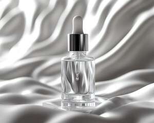 A glass dropper bottle of clear serum sits on a soft, white silk fabric, creating a luxurious and elegant visual.