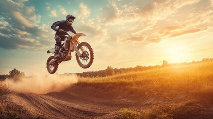A motocross rider performing a jump at sunset, creating a dynamic and adventurous scene.