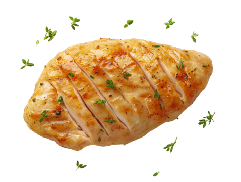 Juicy grilled chicken breast with herbs, sliced and served on a clean white background for a healthy meal concept.