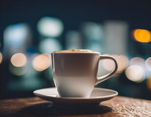 A cup of coffee on a table with a city in the background