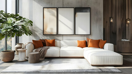 Modern living room featuring a white sectional sofa, decorative pillows, and stylish decor.