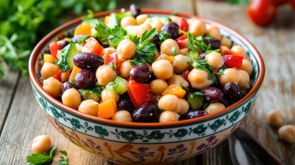 A healthy bean salad with a mix of chickpeas, black beans, and kidney beans, garnished with fresh vegetables and herbs, served in a colorful bowl.