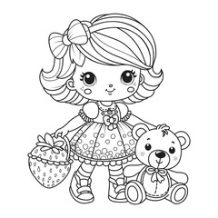 Cute girl with strawberry and teddy bear. Coloring page for kids. Art therapy.