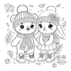 Cute bunny and bear in knitted hats stand among falling leaves. Coloring page for younger and middle-aged children. Art therapy.