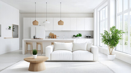 Fototapeta premium A bright and modern apartment with a white living room and kitchen.