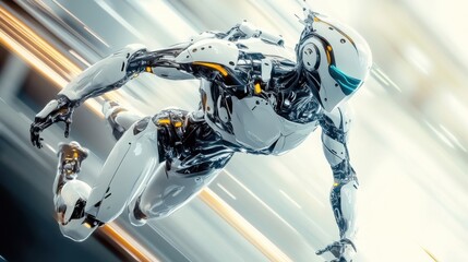 A detailed digital illustration of a futuristic robot in a dynamic action pose.