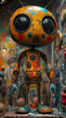 A colorful, cartoon-style alien figure with large eyes and a patterned body.