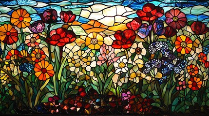 A stunning display of floral artistry, a colorful stained glass window shines with vivid hues.