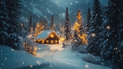 A magical winter wonderland with snow-covered trees, twinkling lights, and a cozy cabin.