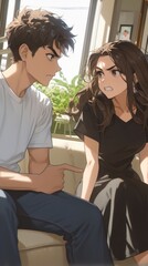 Young man and woman with serious expressions are having an intense conversation inside a room with sunlight and plants