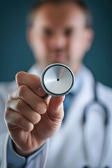 Doctor Holding Stethoscope with Blurred Patient in Background