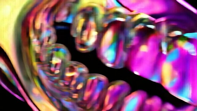 3D animation of transparent dentures with neon light effects on a black background