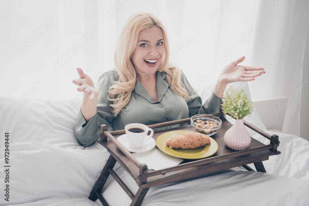 Sticker portrait of nice astonished young lady breakfast tray bed silky pajama white interior bedroom flat i