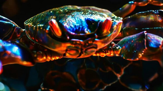 3D animation of a neon crab with bright iridescent colors on a black background