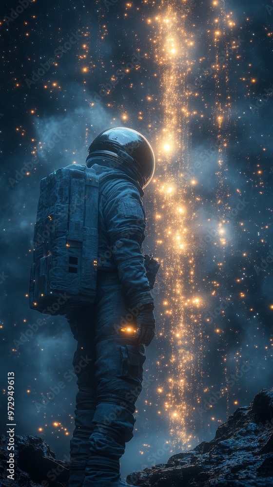 Poster astronaut in a reflective spacesuit stands on rocky terrain, gazing at a luminous vertical stream of