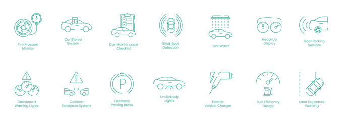 Tire Pressure Monitor, Car Stereo System, Car Maintenance Checklist, Blind Spot Detection, Car Wash, Head-Up Display, Rear Parking Sensors, Dashboard Warning Lights vector icon set