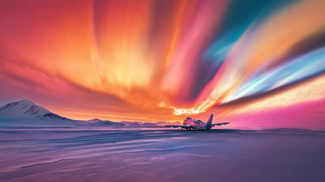 3D animation of an airplane against a background of a bright sunset with multi-colored light stripes