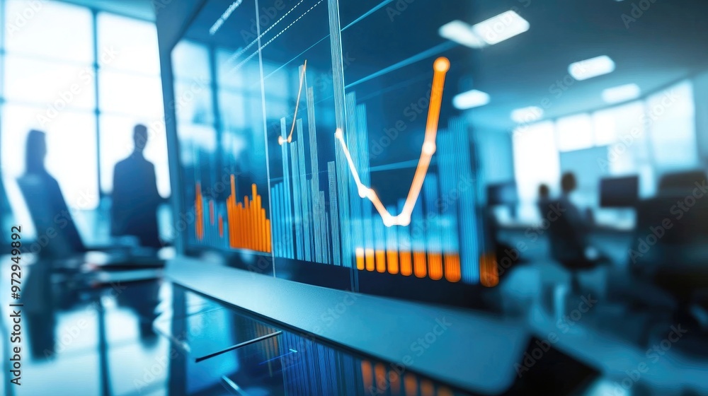 Poster a high-resolution image of a business graph on a computer screen, showing upward trends and data poi