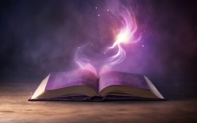 Enchanting open book on wood table with purple and pink flames,