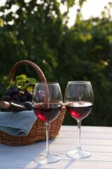 Tasty wine in glasses, basket with bottle and grapes on white wooden table outdoors