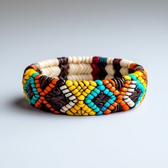 A colorful beaded bracelet forms a geometric pattern, each bead meticulously placed.