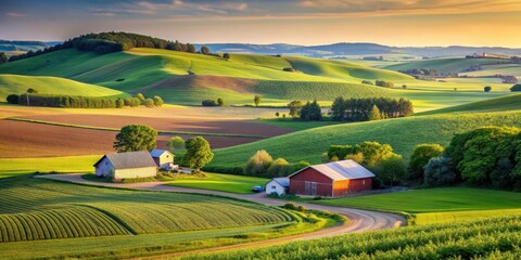 Fototapeta premium Rural summer landscape with a farm and agricultural fields on hills, Farm, agriculture, rural, countryside, summer, landscape