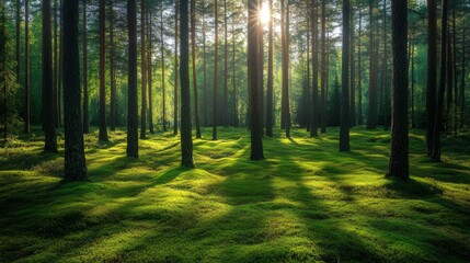 Pristine Mongolian forest, tall pine trees with a carpet of green moss, sunlight filtering through the leaves,