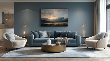 Modern living room with a cozy atmosphere and scenic artwork.
