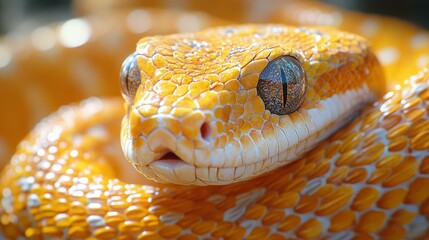 Fototapeta premium Close-up of a brightly colored, orange and yellow patterned snake with intricate scales and striking eyes