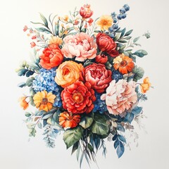 Watercolor Painting of a Floral Bouquet with Peonies  Roses  and Hydrangeas