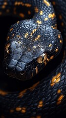 Fototapeta premium Close-up of a dark-colored snake with yellow and orange markings, showing its detailed scales and intense eyes