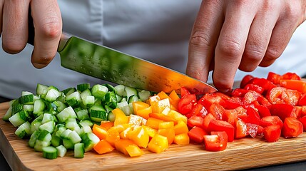 Chopped vegetables lay ready on a cutting board, the knife poised for the next slice.