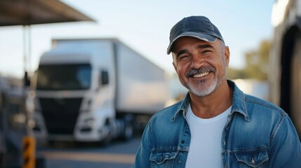 A truck driver, a man between 45 and 50 years old, standing and smiling warmly at the camera with a friendly and approachable demeanor.