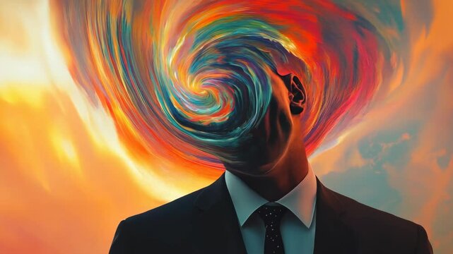 3D animation of a man in a suit with a swirling vortex head on an abstract background