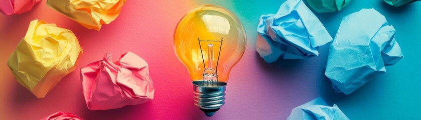 Light Bulb and Crumpled Paper Balls on Colorful Background