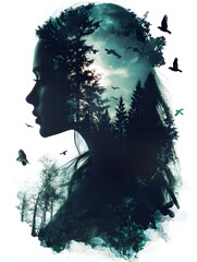 Double Exposure Portrait of Woman and Forest Under Full Moon