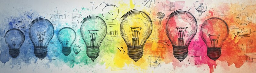 Colorful Light Bulbs Sketch on Watercolor Background   Creative Thinking Concept