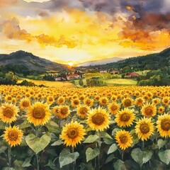 Fototapeta premium Watercolor Painting of Sunflower Field with Sunset and Hills