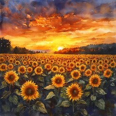 Obraz premium Watercolor Painting of Sunflower Field at Sunset