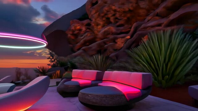 3D animation of a futuristic terrace with neon rings and furniture against a sunset background