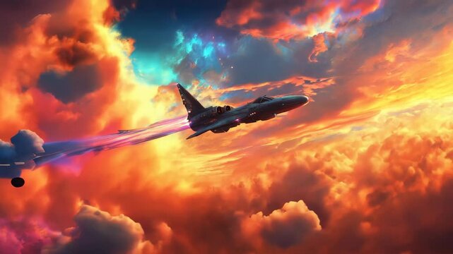 3D animation of an airplane flying through bright colorful clouds at sunset