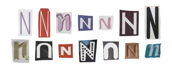 Set of isolated cut-out letter “N” from magazines on a transparent background, retro y2k style