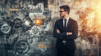 Businessman with Technology and Data Visualization Background