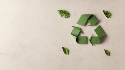 Flatlay of a green recycle symbol crafted from recycled paper, surrounded by neutral space, minimalist eco concept