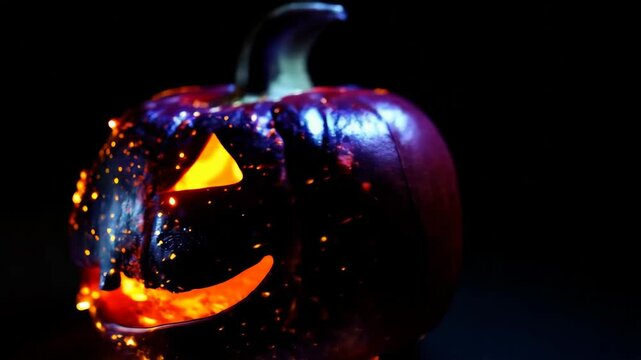 3D animation of a pumpkin with a carved face and glowing fire inside for Halloween