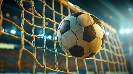A soccer ball is caught in the net during a match, highlighting the excitement of sports.