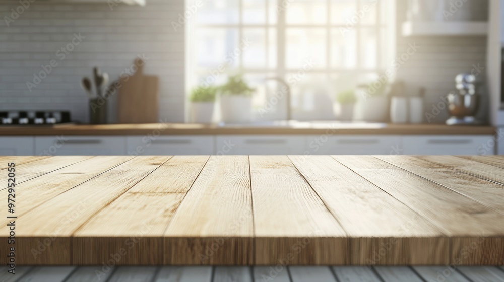 Poster empty wooden table with blurred kitchen background for product display